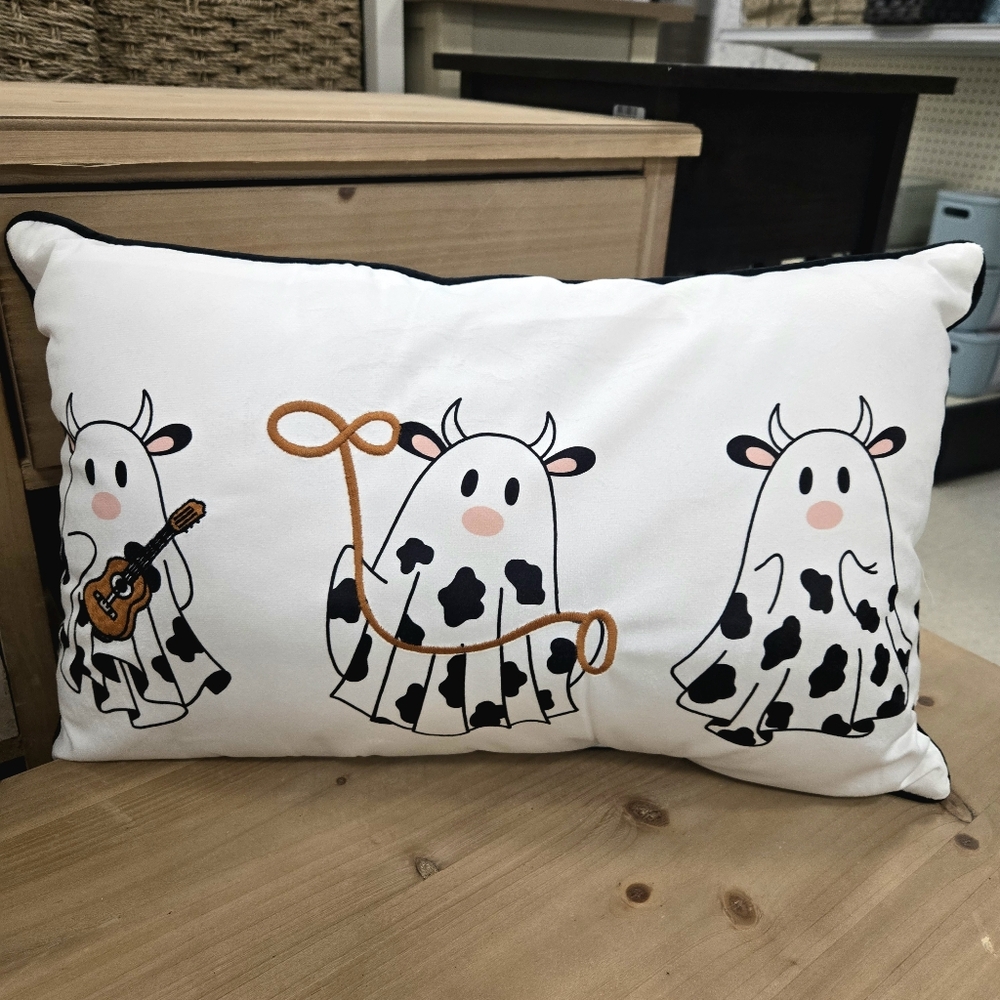 Halloween Ghost Cow Bulls Cowboy Accent Throw Pillow Guitar and Lasso